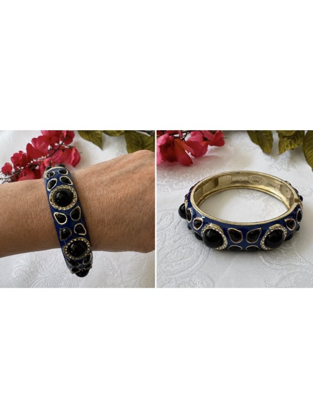 Sequin 1/2" Wide Blue Black Gold Enamel Bead CZ Bangle Bracelet Hinged NEW